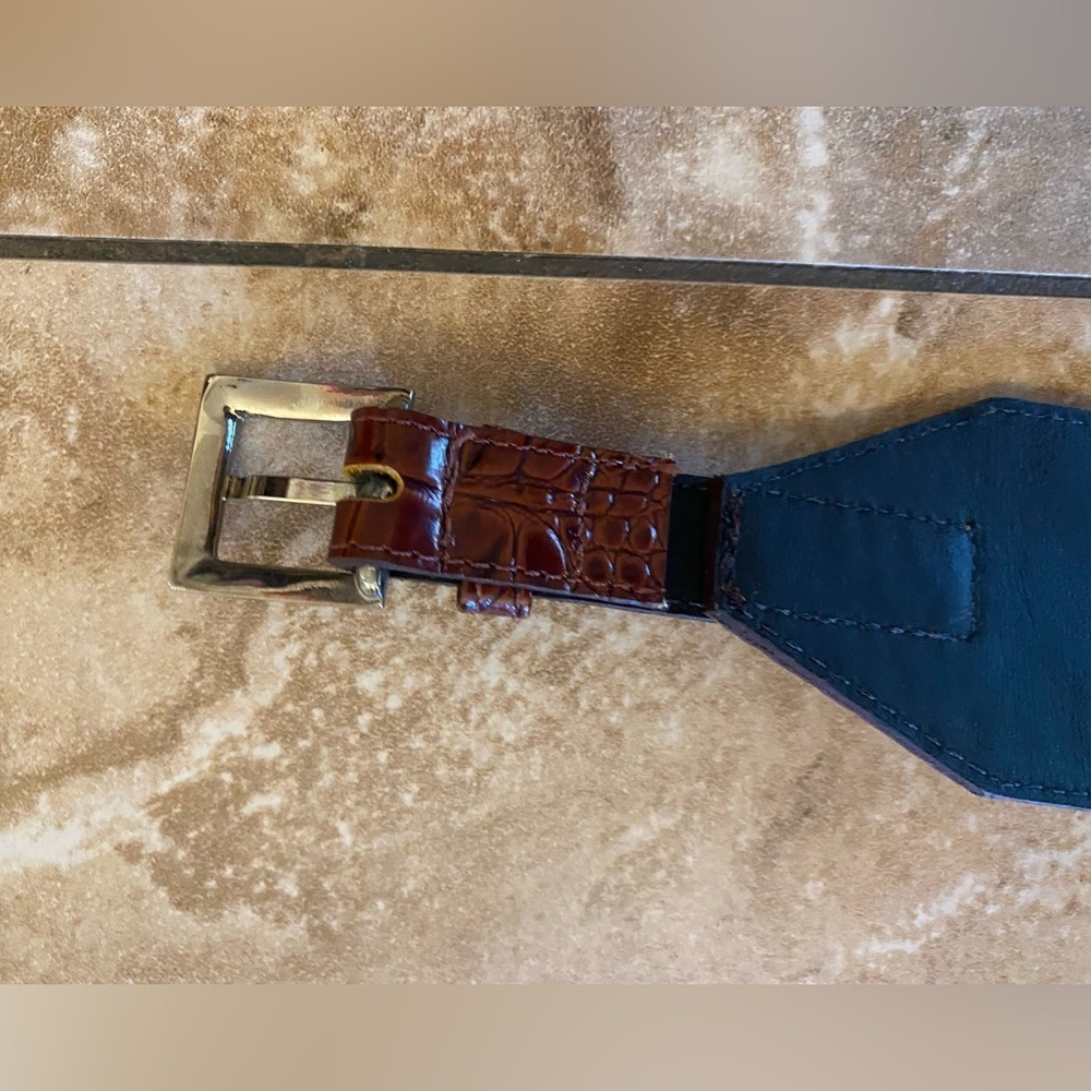 Vintage LES CREATIONS ELITE brown textured leather belt SZ 36 silver buckle Y2K - Picture 6 of 15